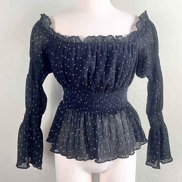 Endless Rose Sheer Black White Polka Dot Smocked Top - Picture 1 of 7